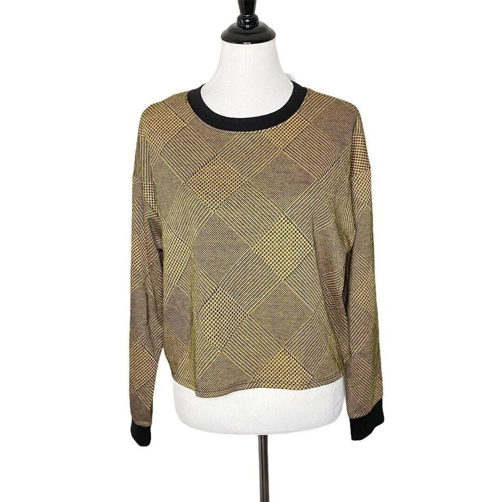 Forever 21 Grunge Patchwork Plaid Houndstooth Cropped Sweater Top L Yellow Black